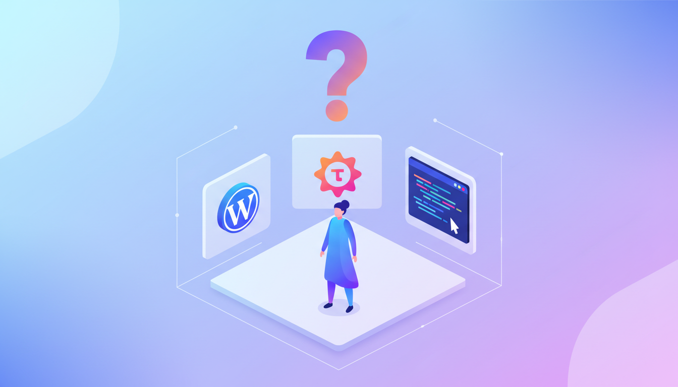 Иллюстрация выбора платформы для сайта: несколько иконок CMS и вопросительный знак.
