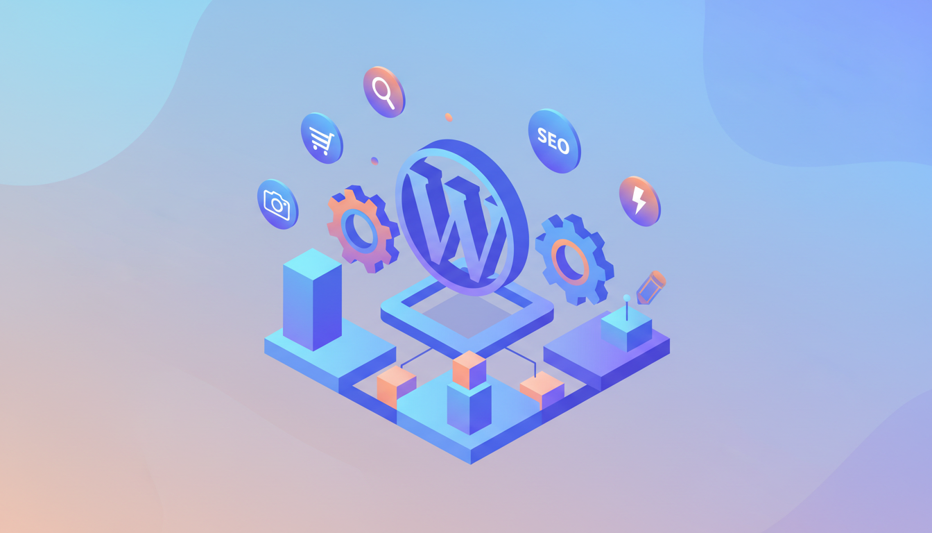 Изометрическая иллюстрация WordPress: шестеренки, блоки конструктора, иконки плагинов.