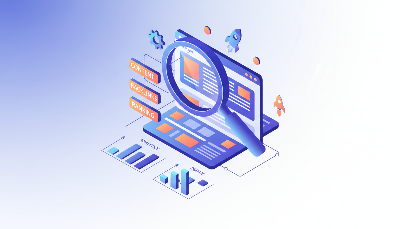 Концепция SEO-оптимизации: лупа над сайтом с графиками